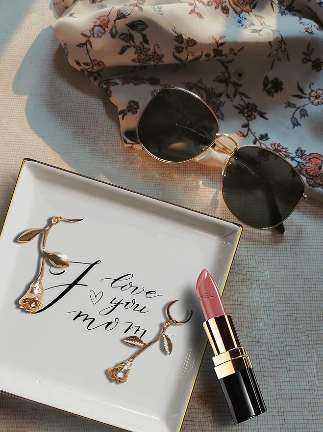 LADY&HOME Gifts for Mom - I Love You Mom Trinket Dish & Ceramic Ring Dish for Mother's Day