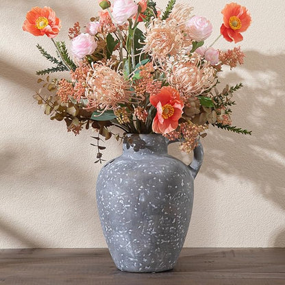 Ceramic Decorative Flower Vase with Handle, 8.85 Inch Black Pottery Rustic Farmhouse Vase for Home Decor, Living Room, Shelf Decor, Wedding, Housewarming Gift