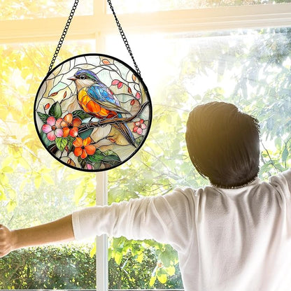 DASTOLL Stained Glass Window Hanging, Blue Bird Pink Flower Suncatcher Diamond Glass Panel Bird Sun Catchers Decor for Birthday for Women, Men, Wife, Aunt, and Mom 11.8x11.8 in