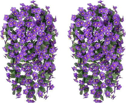 HyeFlora Artificial Faux Hanging Plants Flowers Vines for Outdoor Outside Winter Decoration, 2PCS Fake Silk Purple Daisy Mums UV Resistant Look Real Orchid Vine for Front Door Porch Planter Balcony