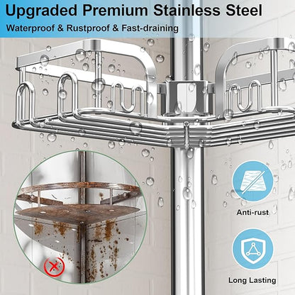 Corner Shower Caddy Tension Pole 4 Tier Adjustable Stainless Steel Shower Shelf for Inside Shower Bathtub Shampoo,Standing Bathroom Organizer Shelves with 39 to 113 inch Height