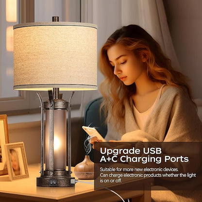 QiMH Farmhouse Table Lamps for Living Room, Rustic Beside Lamps for Bedroom with USB A+C Charging Ports, Nightstand Lamp with Frosted Glass Night Light for Home Decor, 4 Bulbs Included (Bronze)