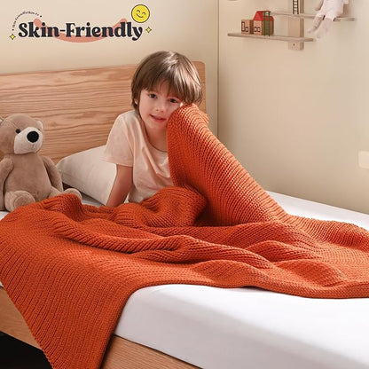 Guohaoi Knitted Weighted Blanket Kids (Orange 50"x60" 10lbs) No Beads Cooling Heavy Blanket, Home Decor Breathable Chunky Knit Throw Blanket for All-Season Use