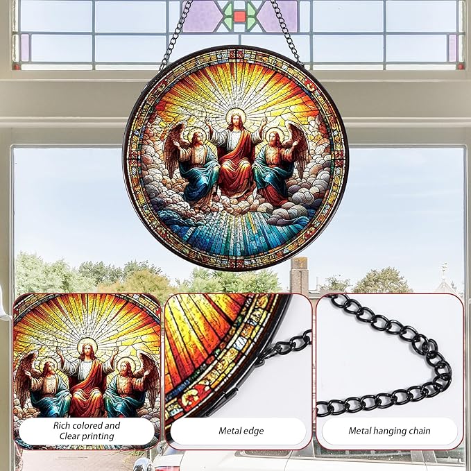 Rngmsi Christmas Jesus Stained Glass Window Hanging, 7.8" Christian Gift Sun Catchers Indoor Window Decor, Suncatchers for Windows Hanging Christmas Religious Catholic Gifts for Women Faith