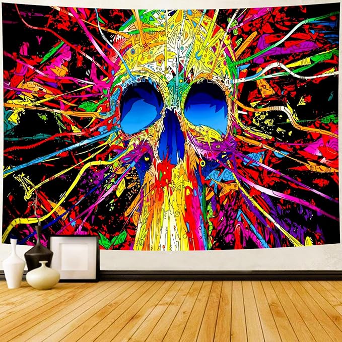 Delur Skull Tapestry Gothic Horror Colorful Skeleton Mystic Dark Tapestry Wall Hanging Trippy Vintage Aesthetic Witchy Psychedelic Headboard for Bedroom Living Room Home Decor (70.8" x 92.5")