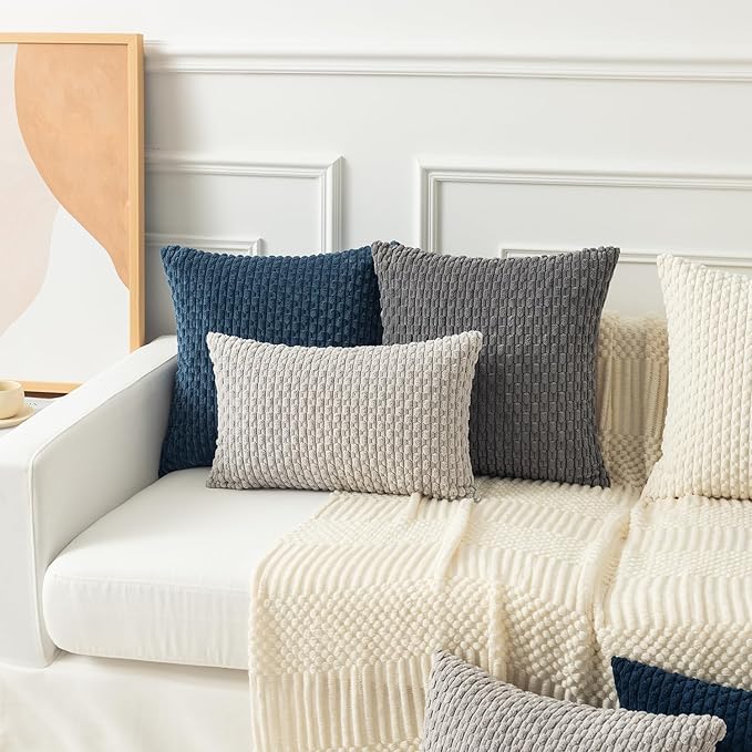 Kevin Textile Pack of 2 Corduroy Decorative Throw Pillow Covers 12x20 Inch Soft Boho Striped Pillow Covers Modern Farmhouse Home Decor for Autumn Sofa Living Room Couch Bed Blue