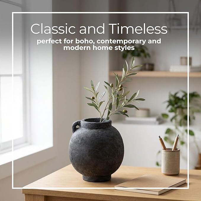 Decorative Vase for Home Decor – Modern Terracotta Flower Vase with Handle, Aesthetic Table Vase Centerpiece for Living Room, Dining Room, or Entryway Display, Contemporary Accent – 7", Black