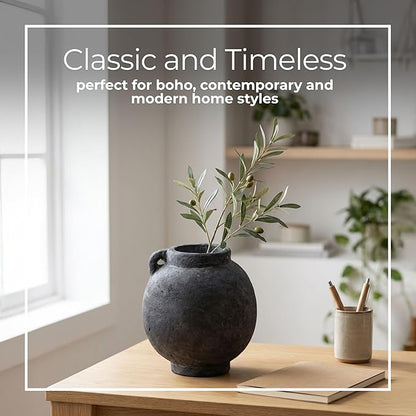 Decorative Vase for Home Decor – Modern Terracotta Flower Vase with Handle, Aesthetic Table Vase Centerpiece for Living Room, Dining Room, or Entryway Display, Contemporary Accent – 7", Black