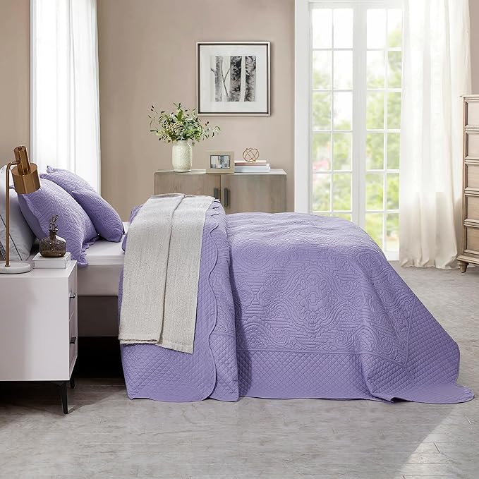 HZ & HY Oversized King Bedspread 128x120 Extra Wide, Ultrasonic Coverlet Bedding Set, Lightweight Thin Comforter, Reversible, 5 Piece, 100% Microfiber, Purple Lavender