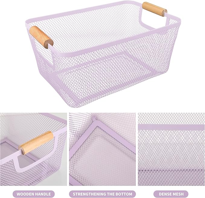 PTSGCAI 2Pack Metal Mesh Steel Basket with Bamboo Handle - Wire Metal Basket for Kitchen Organization, 12" Wide Food Organizer Bin, Perfect for Organizing Bulk Pantry (Purple)