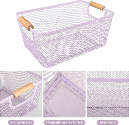 PTSGCAI 2Pack Metal Mesh Steel Basket with Bamboo Handle - Wire Metal Basket for Kitchen Organization, 12" Wide Food Organizer Bin, Perfect for Organizing Bulk Pantry (Purple)
