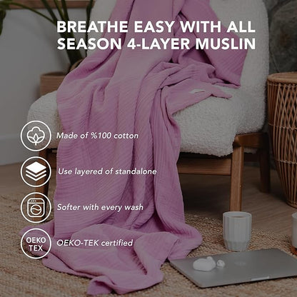 Goqan Muslin Blanket Twin 55x79 – 100% Turkish Cotton 4 Layer Boho Muslin Blanket for Adults, Four Season, Lightweight and Thin, Soft, Breathable, for Bed, Couch - Pink