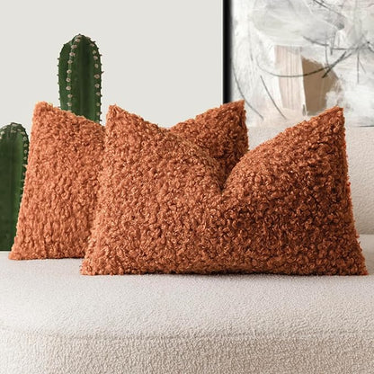 Foindtower Set of 2 Curly Teddy Wool Pillow Covers Decorative Boucle Textured Lumbar Throw Pillow Faux Fur Sherpa Pillowcases Sheepskin Fuzzy Cushion Case for Sofa Bedroom Car 12"x20" Burnt Orange