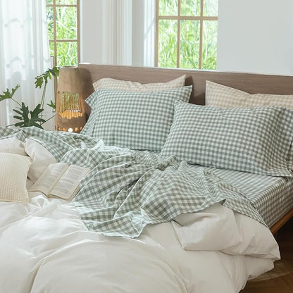 MooMee Gingham Sheet Set 100% Washed Cotton Linen Like Textured Breathable Soft w/ Fully Elasticized 16-19" Deep Pocket (Classic Gingham Sage Green, King)