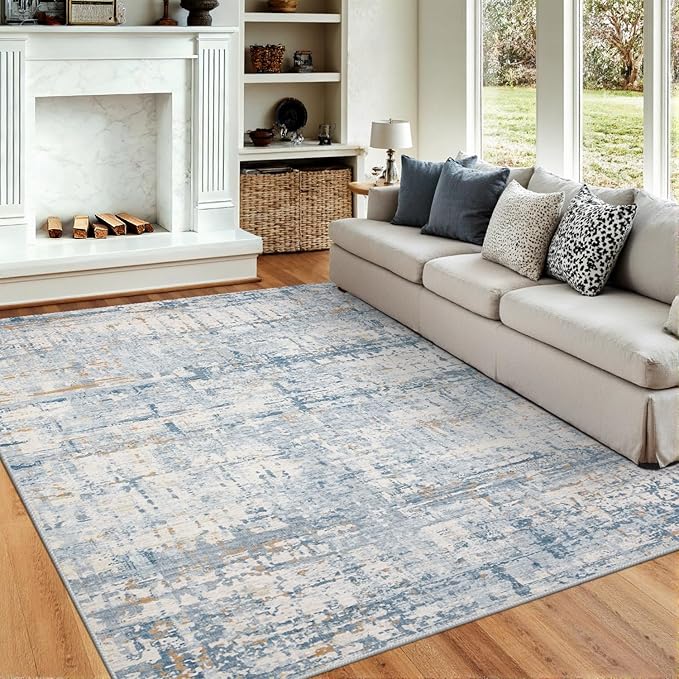 Blue 8x10 Area Rugs,Large Soft Rugs for Living Room, Blue Washable Rug, Modern Abstract Rugs for Bedroom Dining Room, Non-Slip Foldable Thin Indoor Carpet Stain Resistant(Blue Beige)