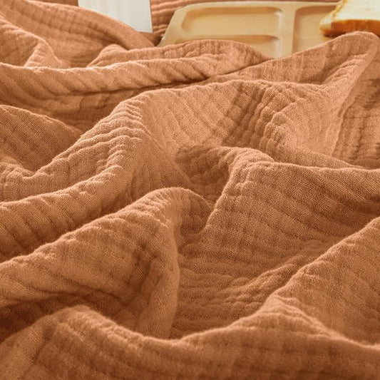 PHF 100% Cotton Muslin Throw Blanket 50" x 60", 4-Layer Lightweight Gauze Throw, Breathable Cloud-Soft Minimalist Blanket for Bed, Couch, Camping & Baby, Caramel, Ideal Gift
