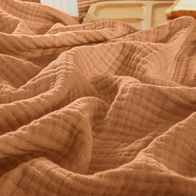 PHF 100% Cotton Muslin Blanket Queen Size 90"x90", 4-Layer Lightweight Gauze Throw, Breathable Cloud-Soft Minimalist Blanket for Bed, Couch, Camping & Baby, Caramel, Ideal Gift