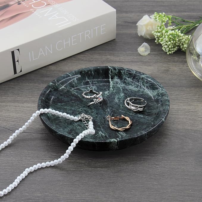 Small Natural Marble Jewelry Tray Key Plate Holder Dish Trinket Decor Catch All Bowl for Ring Earring Stone Gift for Women Daugther,Verde Alpi Green