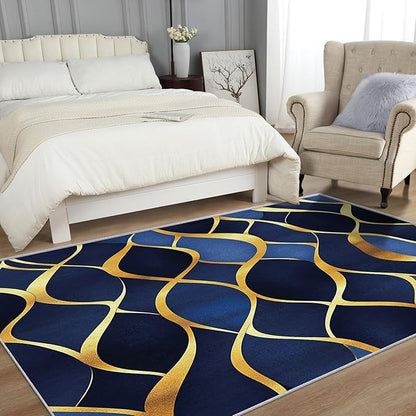 Contemporary Rugs for Bedroom - Abstract Geometric Rug, 2x3 Rug, Navy Blue Gold Area Rug & Room Decor, Modern Carpet & Home Decor, Washable Non Slip Anti Skid Rugs