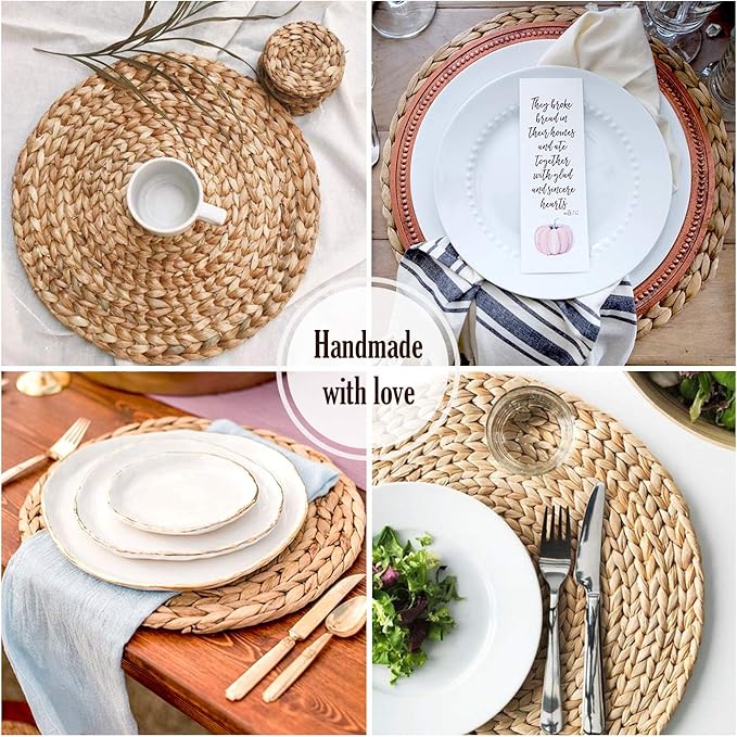 Woven Placemats Set of 8, Table Mats Set of 8, Water Hyacinth Round Placemats for Round Table, Chargers for Dinner Plates, Wicker Chargers for Dinner Plates, Woven Placemat, Place Mats 11.8 in