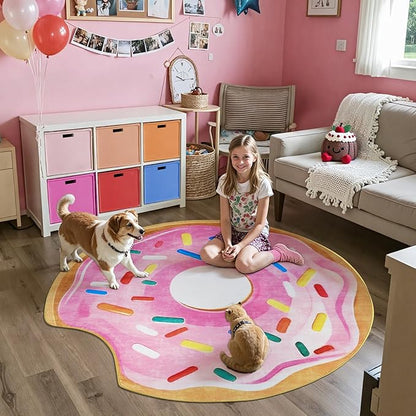 jinchan Cute Round Rug 5ft Strawberry Donut Fun Rug Washable Playroom Mat Sweet Dessert Circle Cool Rug Non Slip 5' Round Soft Cozy Pink Funky Gift for Girls Kids Teens Dorm Bedroom Living Room