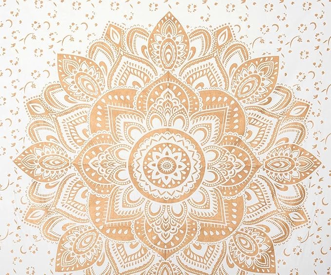 raajsee Metallic Gold Tapestry Mandala Wall Hanging- Bohemian Dorm Decor Hippie Queen Tapestries 82x92 inches-Boho Bedding Beach Throw Blanket White Golden bedspread meditation yoga mat throw