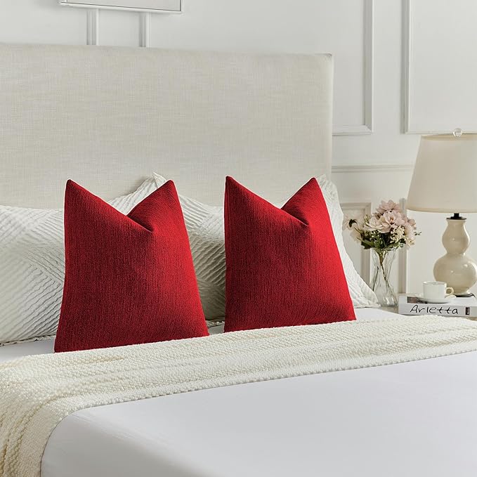 FUTEI Christmas Red Chenille Decorative Throw Pillow Covers 12x20 Inch Set of 2,Soft Cozy Faux Linen Textured Lumbar Pillow Cases,Farmhouse Home Decor for Couch Living Room