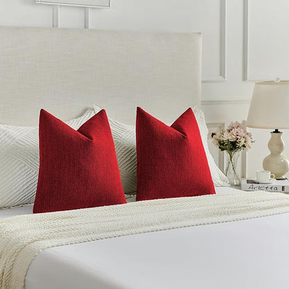 FUTEI Christmas Red Chenille Decorative Throw Pillow Covers 24x24 Inch Set of 2,Soft Cozy Faux Linen Textured European Pillow Shams,Farmhouse Home Decor for Couch Living Room