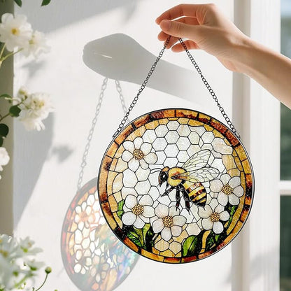 Bee Wildflowers Stained Glass Suncatcher, Stained Glass Window Hanging, 8 Inch Honey Bee Suncatcher, Honeybee Gifts for Garden Lovers, Gifts for Mother's Day, Teacher Gift, Grandma Gift