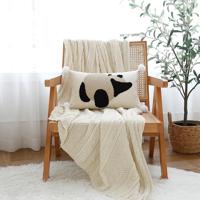 LIGICKY Panda Throw Pillow Cover White Velvet Cushion Cover Neutral Accent Tufted Animal Print Pillowcase Solid Decorative Soft Rectangle Cushion Case for Sofa Bedroom Party Décor, 12 x 20inch