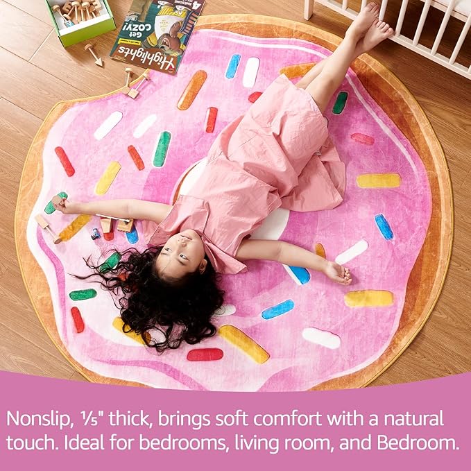JINCHAN Cute Round Rug 3ft Strawberry Donut Fun Rug Washable Playroom Mat Sweet Dessert Circle Cool Rug Non Slip 3' Round Soft Cozy Pink Doormat Small Funky Gift for Girls Kids Toddler Nursery Bedroom