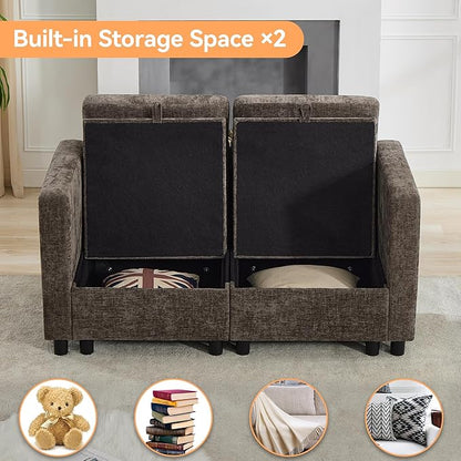 58'' Modular Sectional Loveseat Sofa, Modern Love Seat 2 Seater Sofa Couch with Storage, Chenille Modular Sectional Couch for Living Room, Bedroom, Office, Small Apartment, Brown