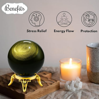 Amazing Gemstone Golden Sheen Obsidian Crystal Ball with Stand - 1.5 Inches Crystal Sphere Meditation Balls for Witchcraft and Decorative Balls