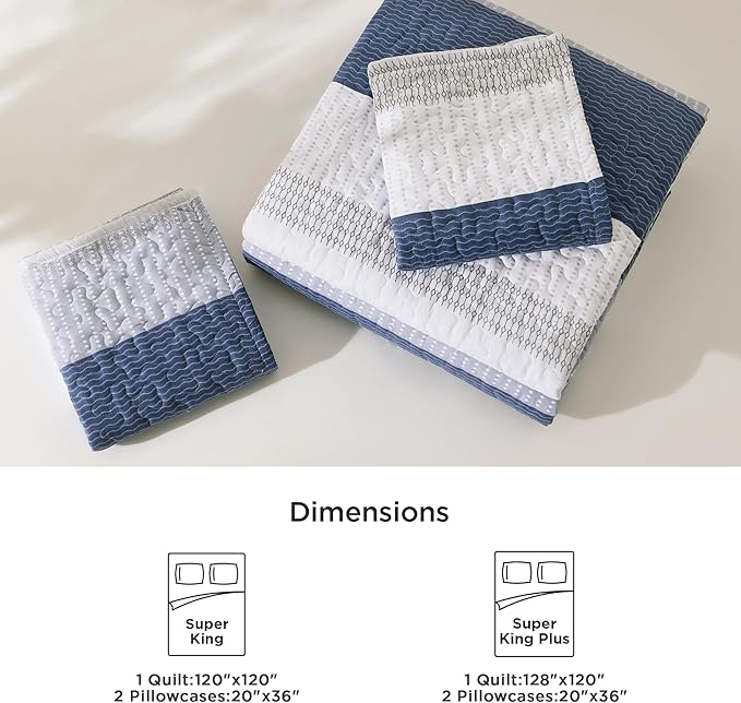 Litanika Oversized King Quilt Set Mineral Blue, 120x120 Stripe Bedspread Coverlet 3 Pieces, Mineral Blue Lightweight Quilted Bedding Set for All Season(Super King-1 Quilt, 2 Pillowcases)