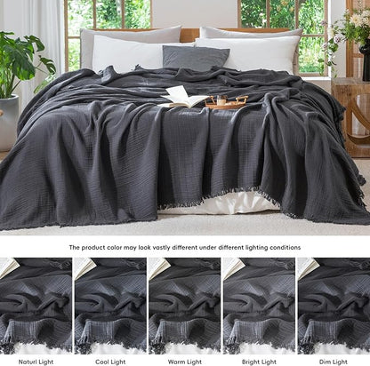 MooMee Muslin Blanket - 100% Cotton 4-Layer Gauze Throw Blanket with All-Around Fringe, Ultra-Soft Breathable Lightweight Cooling Decorative for Bed, Sofa & Couch (Dark Grey,Twin XL 66" x 90")