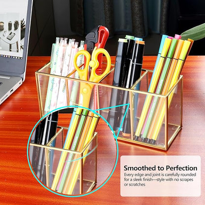 Pencil Holder for Desk,Tempered Glass Pen Holder,3&4 Compartments,Desktop Storage Organizer for Office Supplies,School Supplies,Pens,Markers,Pencils,Scissors,Paperclips (Gold, 4 compartments)