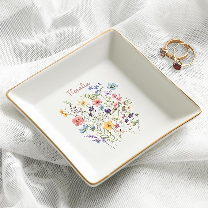 Gossby Personalized Jewelry Tray - Gift for Women, Mom, Friend with Birth Month Flower, Name - Ceramic Trinket Tray, Dish, Plate for Ring, Earring, Bracelet - Gift Mothers Day, Birthday, Christmas V2