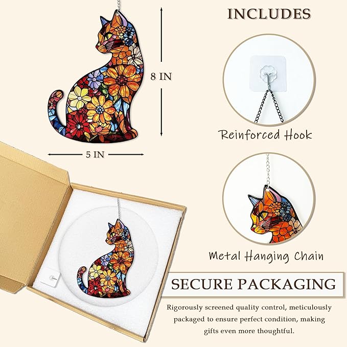 Cat Stained Glass Suncatcher Window, Hanging Sun Catchers Indoor Window, Suncatcher for Mom/Women (Black Cat)