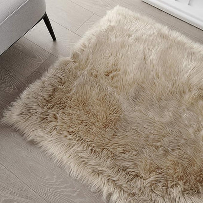 SERISSA Soft Faux Sheepskin Fur Area Rug Beige Fluffy Rug Plush Chair Cover Seat Pad Fuzzy Carpet Furry Beside Rugs for Bedroom Floor Sofa Living Room 2x4 Feet (Rectangular,Beige)