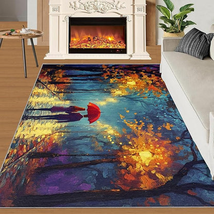 London Streets Washable Rugs 6x9 Rug for Living Room, Rainy Night Oil Painting 6x9 Rug Autumn Landscape Low-Pile Carpet for Bedroom Dining Non Slip Mat with Rubber Back