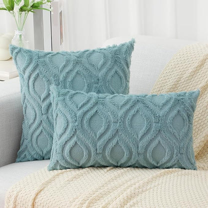 decorUhome Spring Euro Sham Throw Pillow Covers 22x22 Inch Set of 2, Soft Plush Faux Wool Aqua Solid Couch Pillow Covers, Accent Farmhouse Neutral Square Pillow Cases for Sofa Bed Living Room