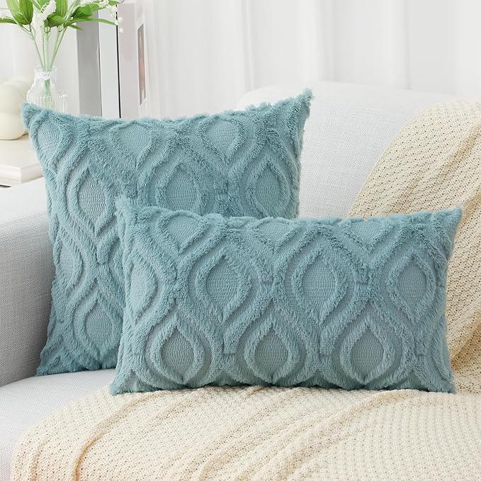 decorUhome Spring Euro Sham Throw Pillow Covers 26x26 Inch Set of 2, Soft Plush Faux Wool Aqua Solid Couch Pillow Covers, Accent Farmhouse Neutral Square Pillow Cases for Sofa Bed Living Room