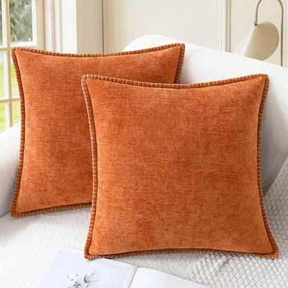 CaliTime Fall Throw Pillow Covers Decorative 20 X 20 Inches Pack of 2 Cotton Thread Stitching Edges Solid Dyed Soft Chenille Cushion Cases for Couch Sofa Bed Living Room Farmhouse Burnt Orange