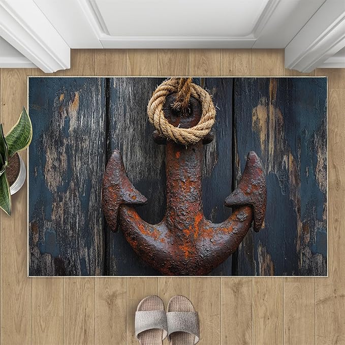Nautical Anchor 4x6 Area Rugs,Distressed Wood Bedroom Rug Nautical Style Non-Slip Washable Rug for Living Room Nursery Kitchen Low-Pile Carpet