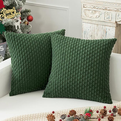 Kevin Textile Christmas Velvet Corduroy Boho Throw Euro Pillow Sham Cushion Cover for Bed 2 Pcs 16 x 16 Inch (40 x 40 cm) Dark Green