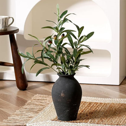 Black Ceramic Flower Vase, 9.17 Inch Pottery Rustic Vase for Shelf,Tabletop, Vintage Farmhouse Home Decor for Coffee Table, Living Room,Mantle, Fireplace, Entryway