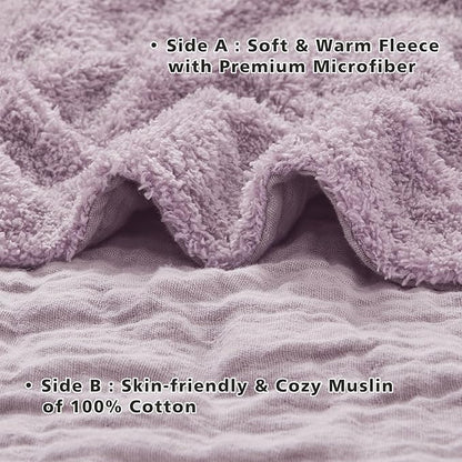 EMME Muslin and Fleece Throw Blanket Reversible - 50"*60" Lavender Soft Warm Throw Blankets for Couch Bed Picnic Travel Bed