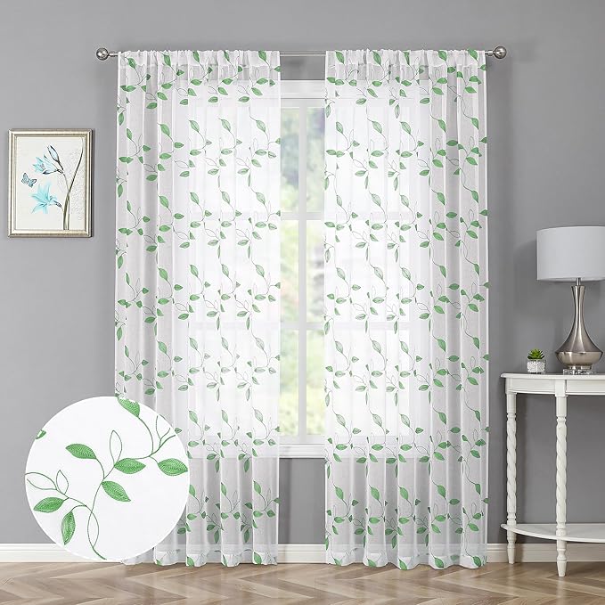 Tollpiz Green Leaf Sheer Curtain Leaves Embroidered Bedroom Curtains Rod Pocket Voile Window Treatment for Living Room, 54 x 95 inches Long, Set of 2 Panels