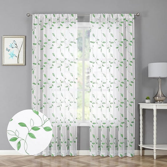 Tollpiz Green Leaf Sheer Curtain Leaves Embroidered Bedroom Curtains Rod Pocket Voile Window Treatment for Living Room, 54 x 95 inches Long, Set of 2 Panels