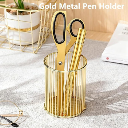 Gold Metal Pen Holder for Desk - Heavy Duty Makeup Brush Organizer Cup with, Pencil Holder for Office & Home, Storage for Stationery/Cosmetics/Art Supplies, Matte Finish, 4.8 Inch (Round)